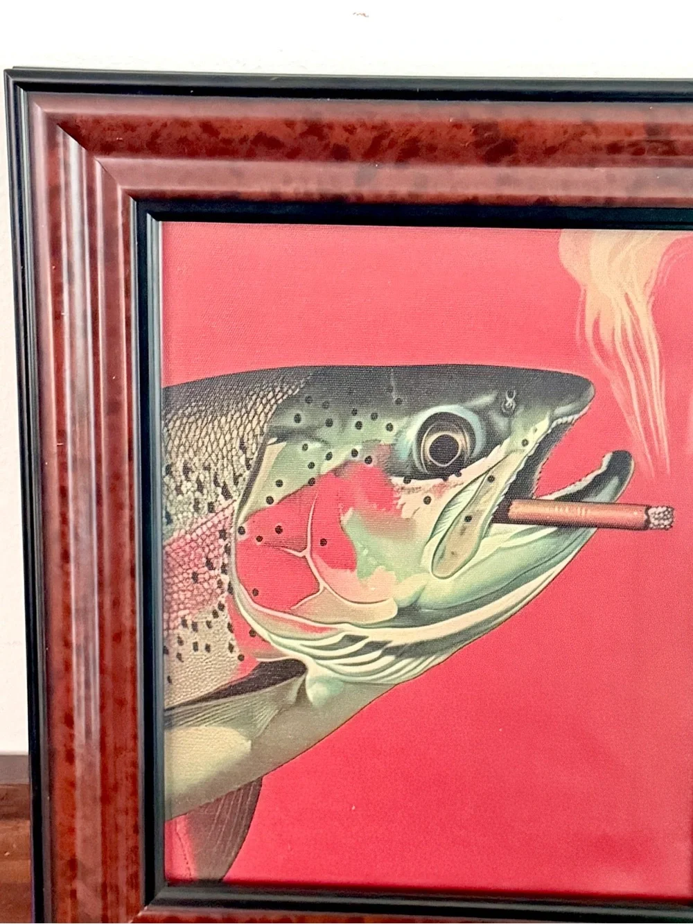 Trout Fish Smoking a Cigarette Vintage Style Canvas Wall Art Print Wood Framed